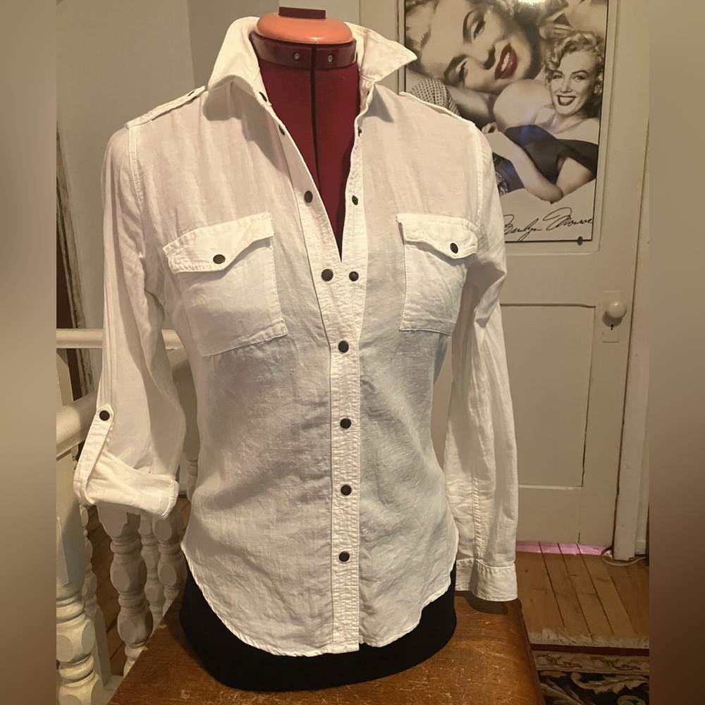 3/30$ Garage Utility Snap-Up Long Sleeve Shirt – White – 100% Cotton – Size Xs